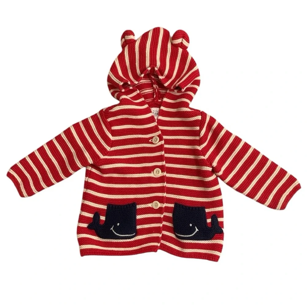 Baby Gap Whale Knit Sweater Red White Stripes Whale Pockets 6-12 Months 4th